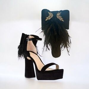 Antonio Melani Janie Black Velvet Platform Angel Rhinestone Bow Feather Size 7.5